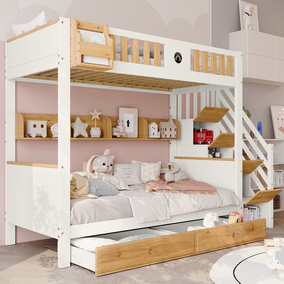Kinderbed - voor matras 90 x 200 cm - wit en naturel - met opbergruimte en lattenbodem - matras niet inbegrepen - voor de slaapkamer