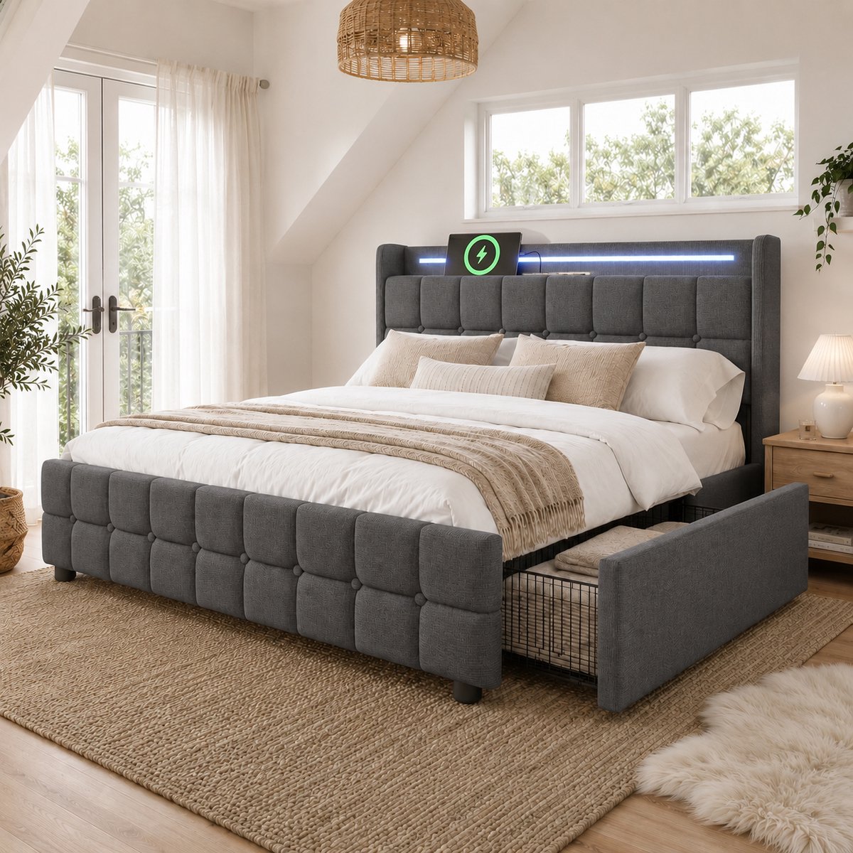 Bedframe - 140x200 Cm - Bed - Met Opbergruimte - LED - USB C - Grijs - Zonder Matras