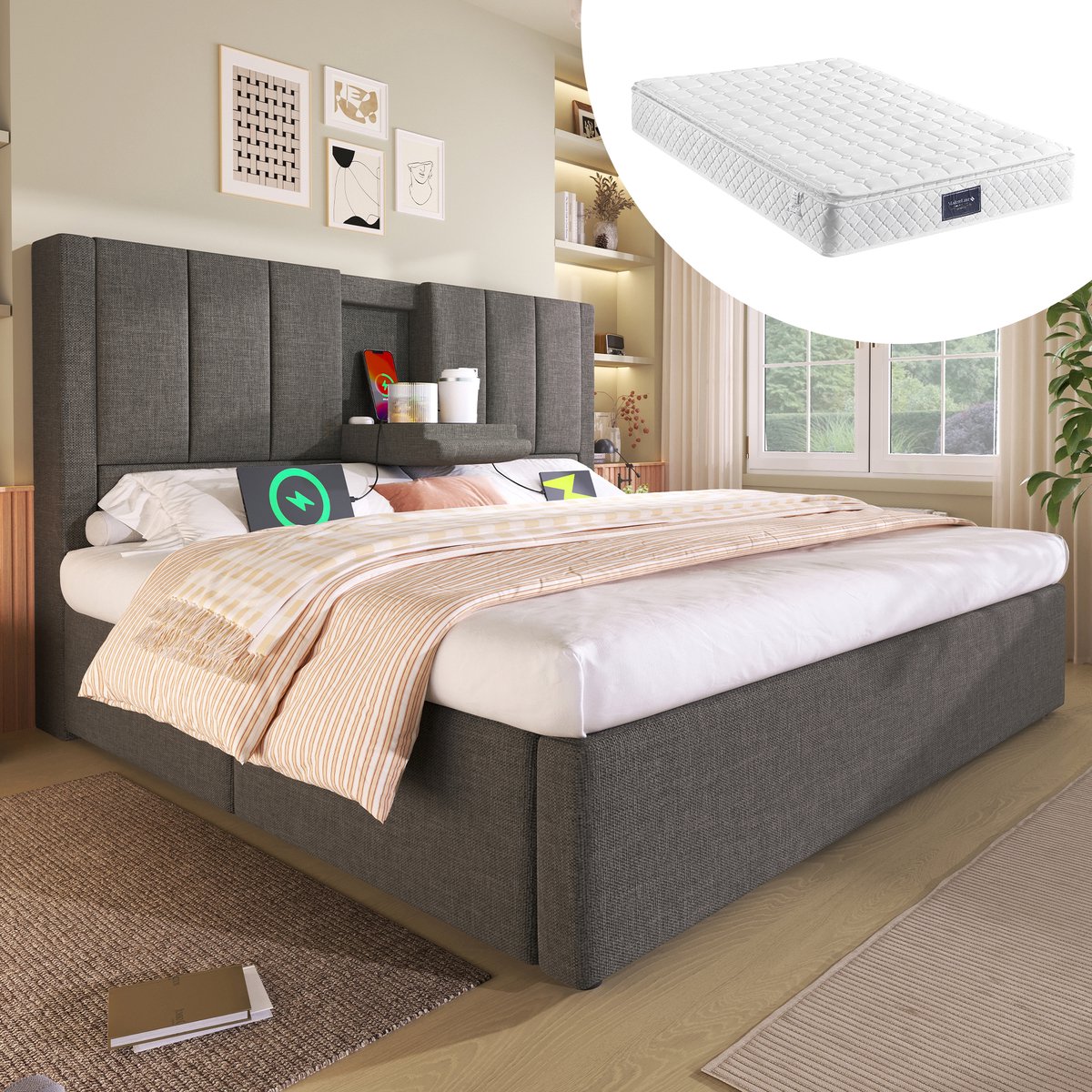 Bedframe - 160x200 Cm - Bed - Met Lattenbodem - Met Opbergruimte - USB C - Grijs - Met Matras