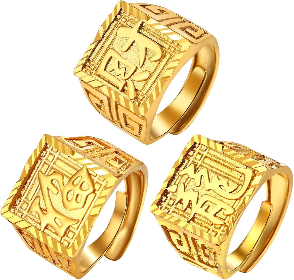 3 Stuks Gouden All Well Mannelijke Ring in 18 K 18 Karaat Goud Authentieke Gouden Kanji Rich Luck Rijkdom Verstelbare Size Gift