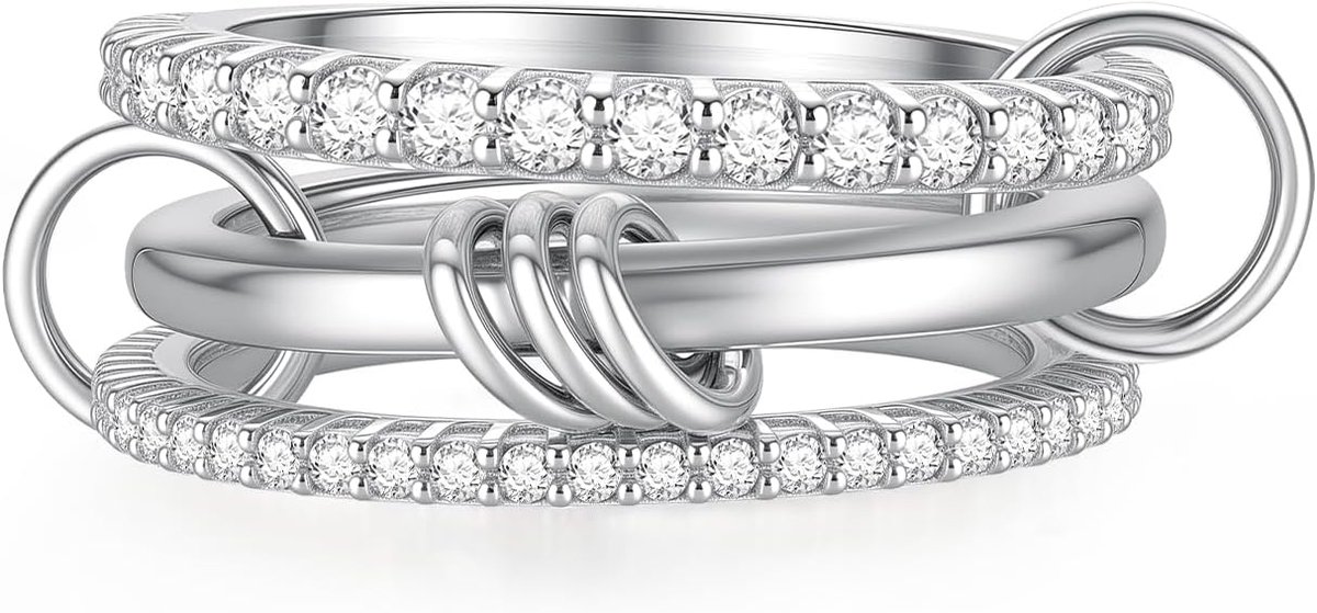 Stackable Silver Rings for Women,Dainty Cubic Zirconia Band, Size 9 | Non Tarnish Interlocking Silver Rings,Statement Band, Multi-Link Connected Metal Stacking Wedding Bands, Jewelry Gift
