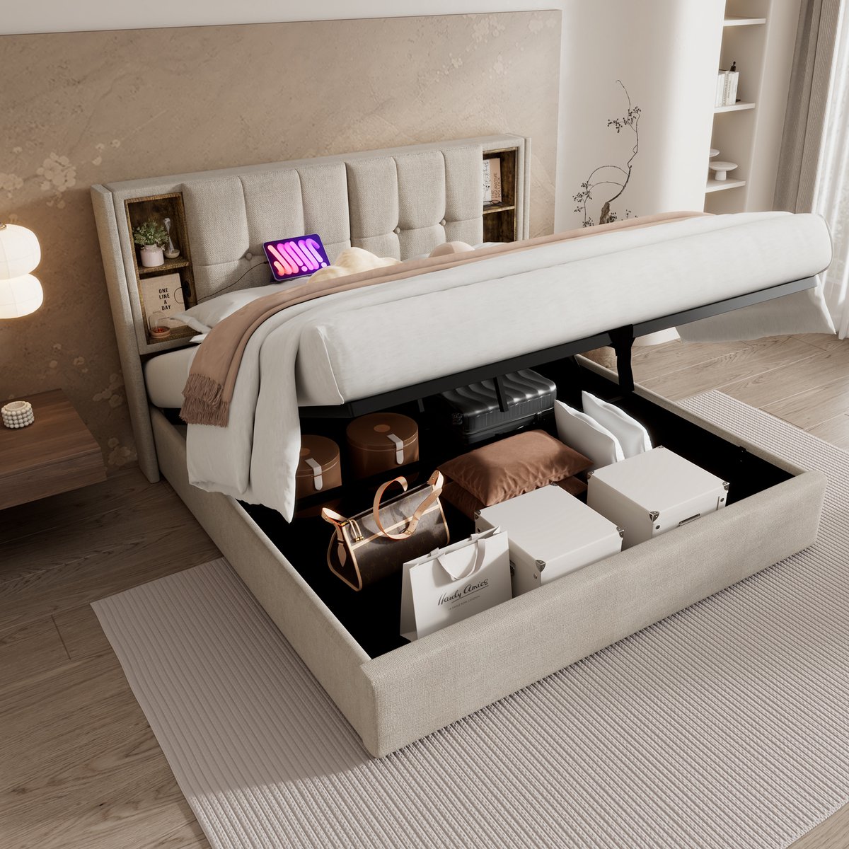 Gestoffeerd bedframe - voor matras 160 x 200 cm - naturel - met USB-aansluiting en opbergruimte en lattenbodem - voor de slaapkamer