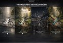Vier elektrische fietsen in de kleuren wit, groen, zwart en blauw, gepresenteerd in verschillende omgevingen.