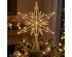 Verlichte kerstboompiek ster - champagne goud - 33 cm - 20 LED lampjes - warm wit licht