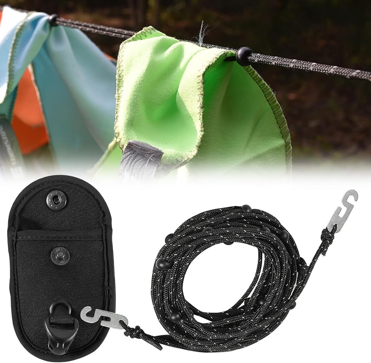 Waslijn uittrekbaar - Zwart - 3,5 meter - Polyester met 24 Vaste Parels - Voor Reizen en Outdoor Gebruik
