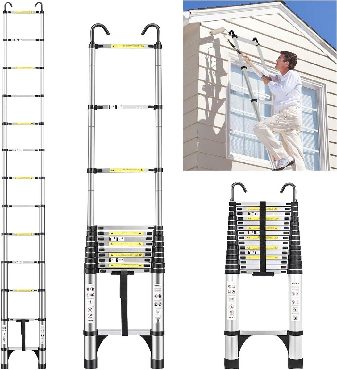 Telescopische Ladder - Opvouwbare Ladder - Klus Klaren - Met Extra Haak - 6.2 Meter - Zilver