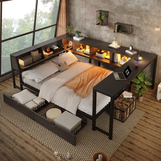 Slaapkamerinterieur met een multifunctioneel donkergrijs metalen bed, inclusief bureau, boekenplanken en lades.