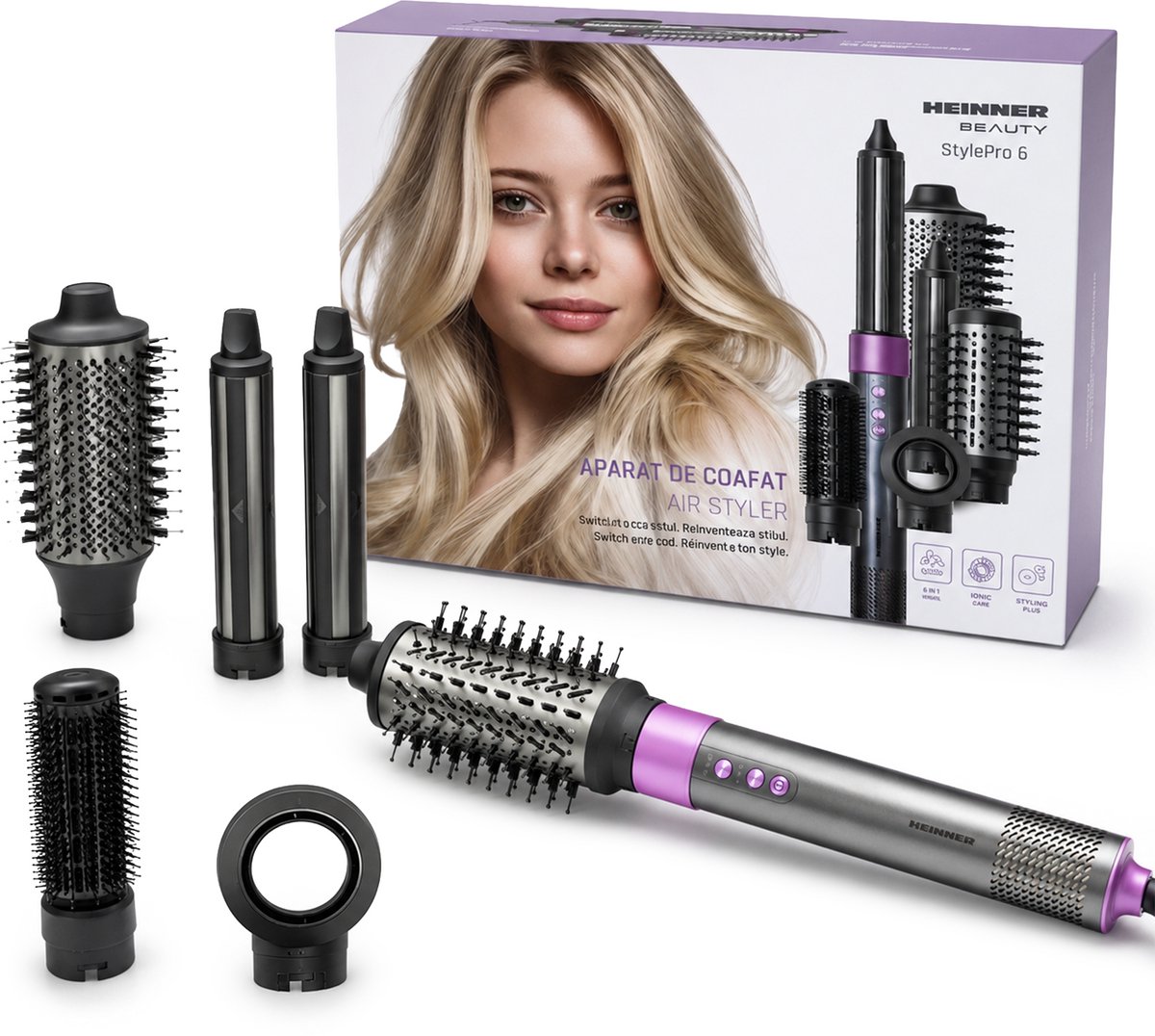 Heinner Professionele Heteluchtstyler – 1500 W – BLDC Motor – 3 Snelheden – Ionisatiefunctie – 6 Stylingaccessoires – Paars