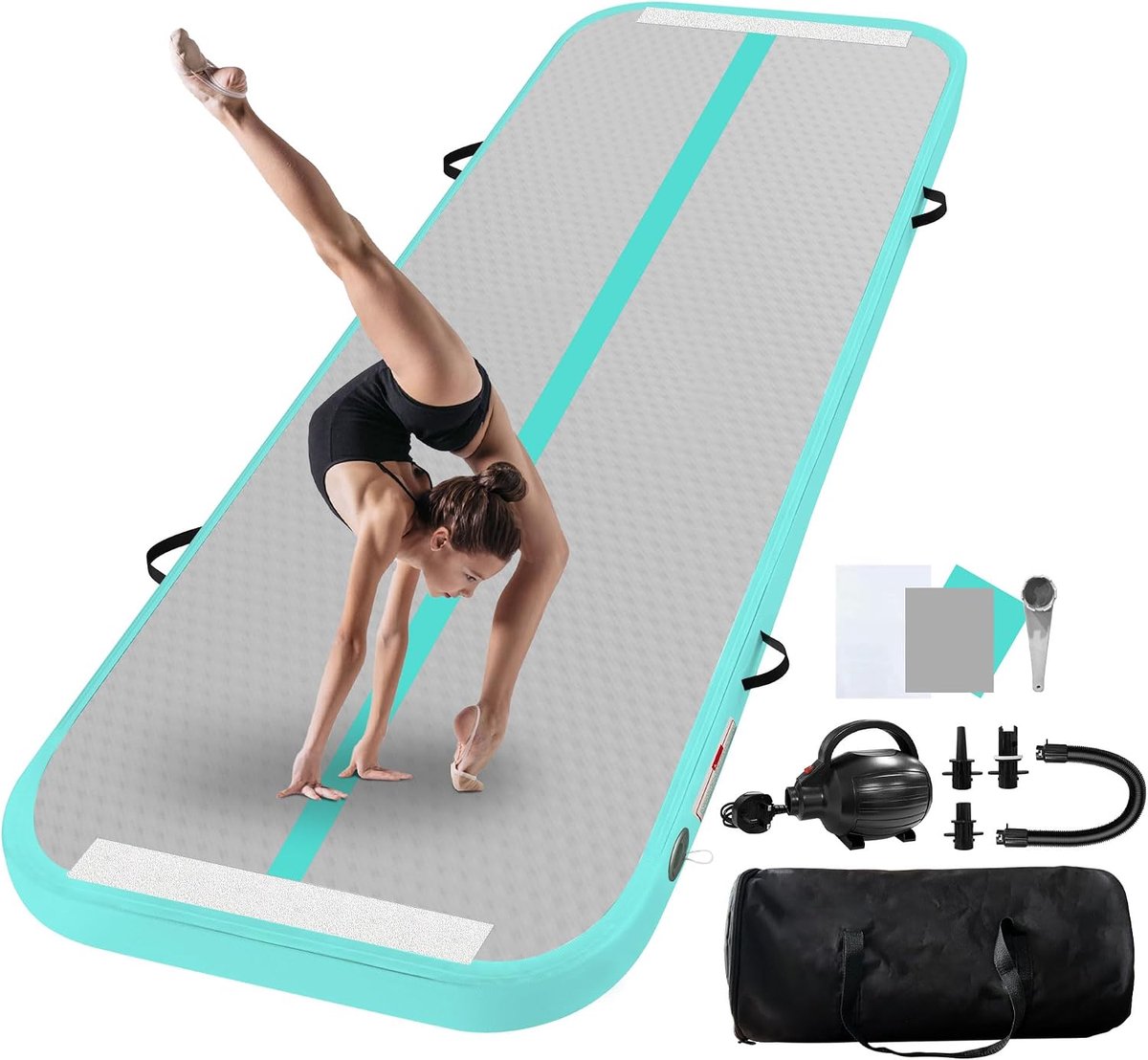 Turnmat, 2 m, 3 m, 4 m, 5 m, 6 m, 10 cm hoog, luchttrainingsmat met luchtpomp, voor familiegebruik, yoga, water, dans, 3 m, grijsgroen, 225/55/16 cm, XL, 99 W, 9 m