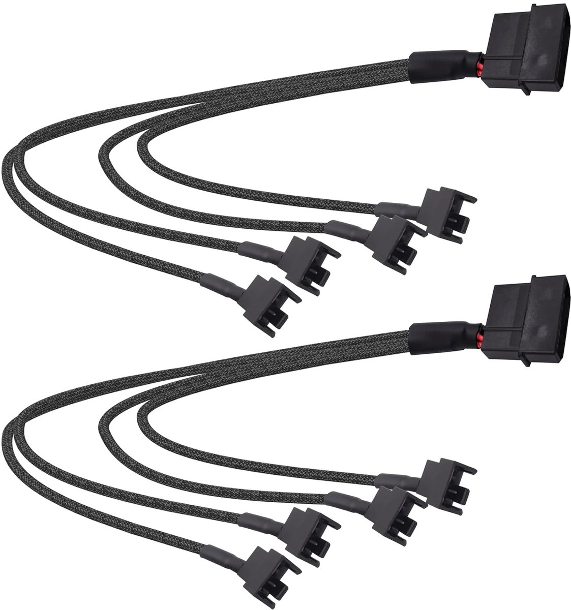 Naar PC Fan Power Splitter kabel, 4-pins Molex naar 4 x 3 Pin / 4 Pin 12 V PC behuizing Fan aansluiting adapter Y splitter verlenging netsnoer -27 cm - 2 stuks