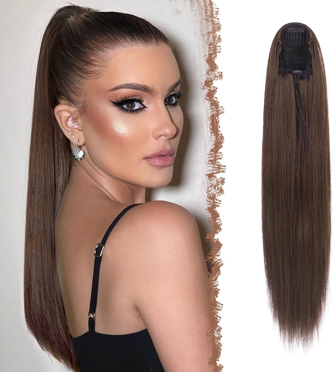 Rechte Paardenstaart Extensions met Trekkoord, 60 cm Lange Lichtbruin Haarstuk Clip in Paardenstaarten Extensie voor Vrouwen Synthetische Haarstukje Ponytail Extension