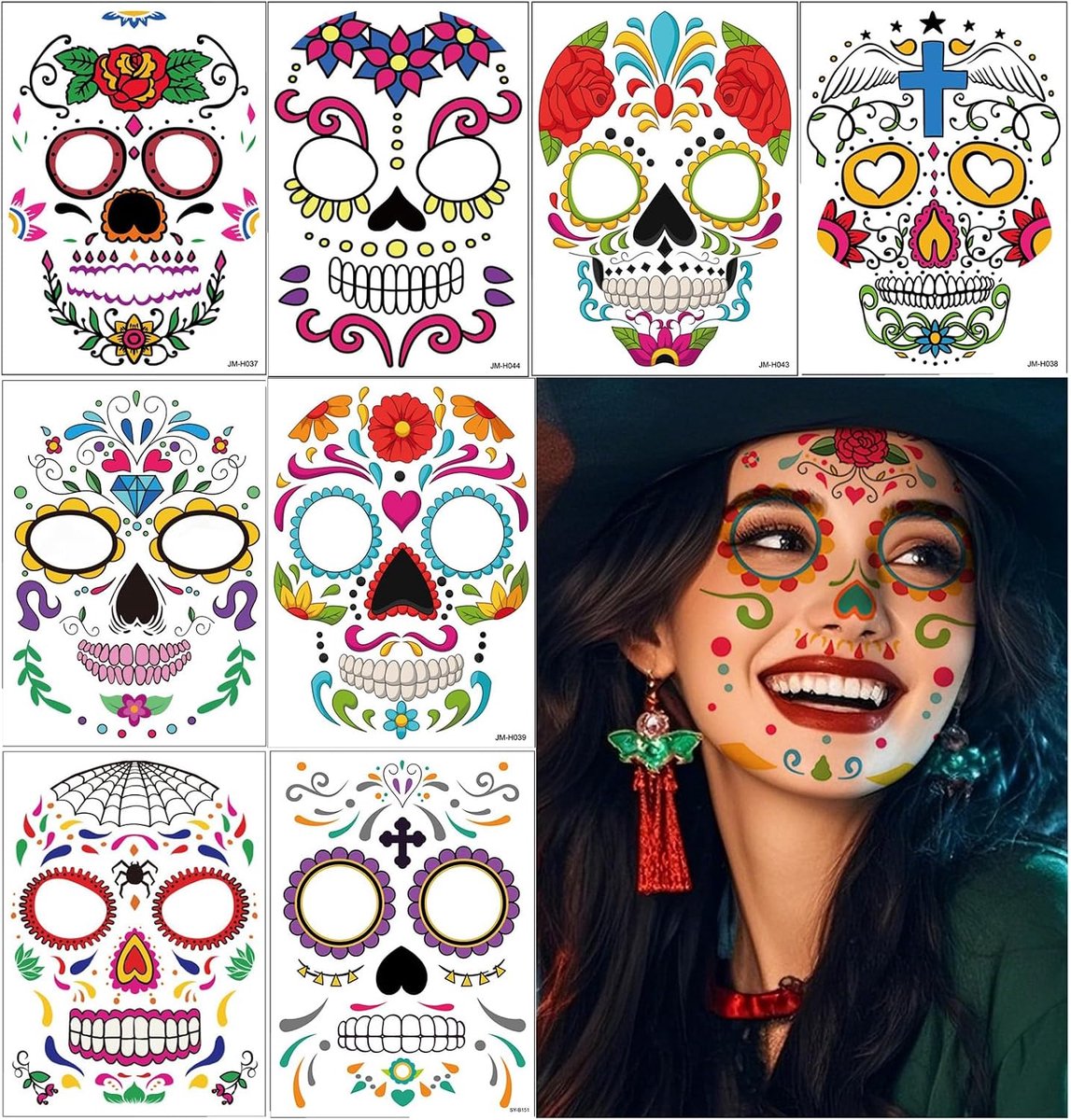 8 Stuks Halloween Gezichtstattoos voor Volwassenen | Tijdelijke Tattoos met Schedel, Vampier en Pompoen Motieven | Cosplay en Feestaccessoires voor Halloween