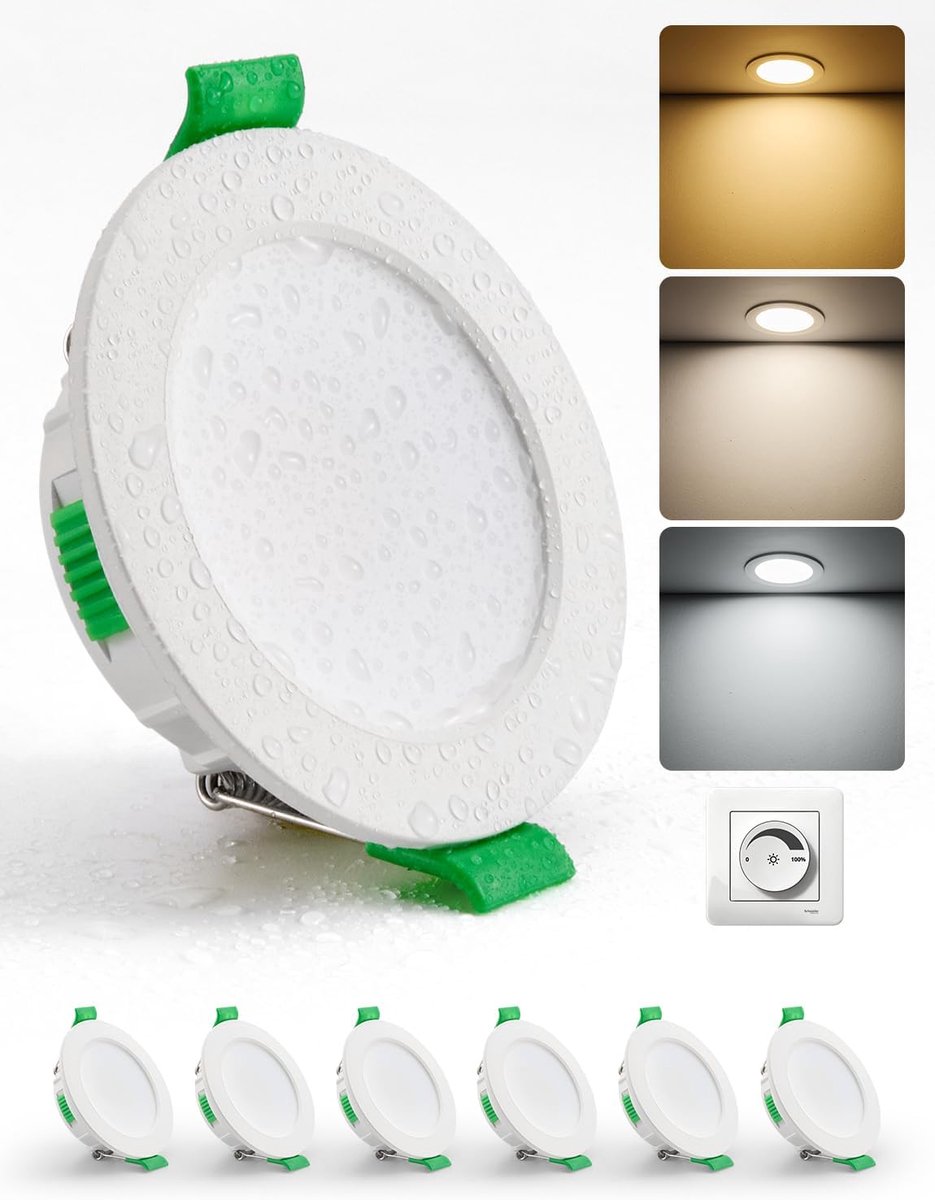 Led-downlight, dimbaar, 4 W binnenspot, plafondspot, warmwit, 2700 K, natuurlijk 4000 K en koud 6000 K, patrijspoorten IP44, badkamer, opening 55-68 mm, extra plat, 29 mm, 6 stuks