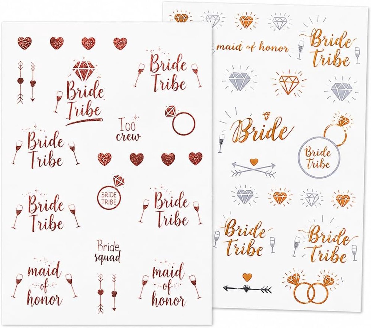 Tijdelijke tatoeages voor vrijgezellenfeest, bruid-teamdecoraties, 2 vellen (goud + zilver + roségoud, standaard)