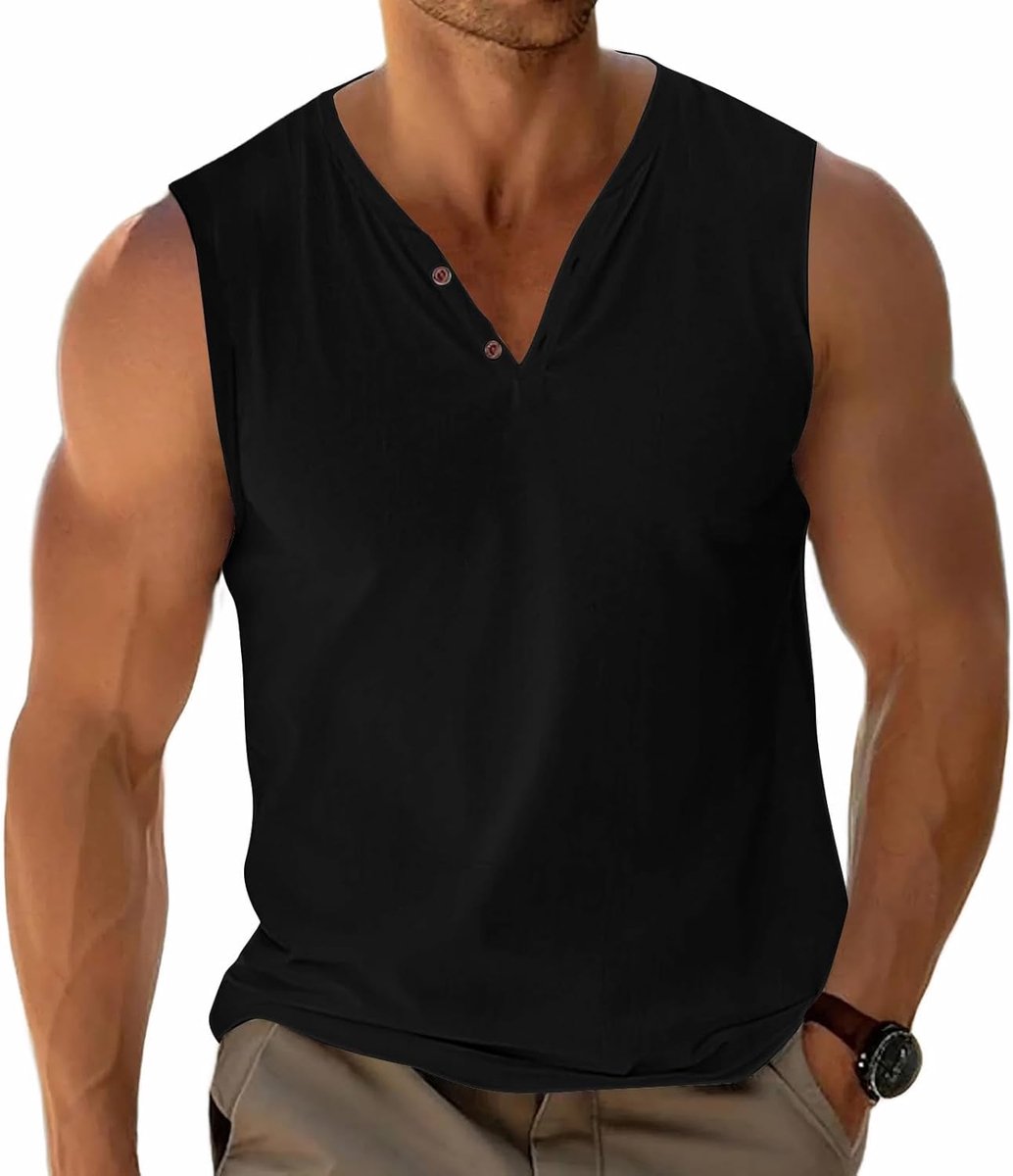Tanktops basic mouwloze jassen Henley T-shirts katoen knoop V-hals licht zacht rekbaar