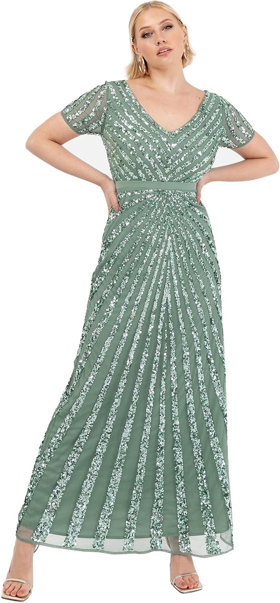 Deluxe Dames Maxi dames verfraaid pailletten lange korte mouw V-hals hoge imperium taille gesneden glanzende prom bruiloft bruidsmeisje jurk diepe mint maat 14, Diepe munt, 40