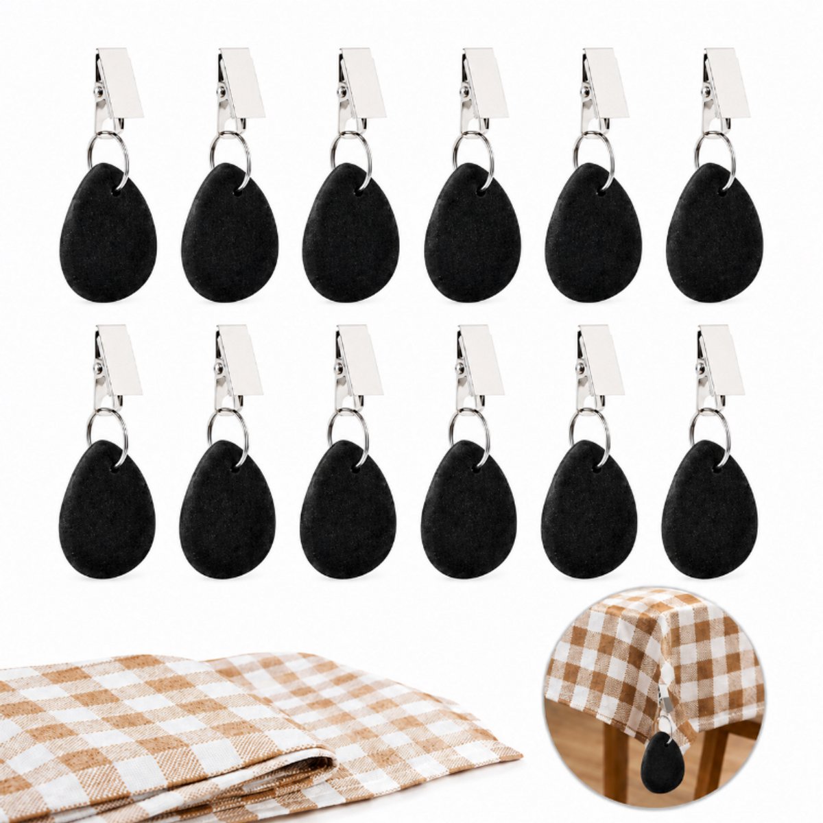 Tafelgewichtjes - Tafelkleed Gewichtjes Zwaar - Tafelkleed Gewichtjes voor Buiten - Set van 12 - Verzwaarde Tafelkleedhangers van Natuurlijk Marmer met Sterke RVS Klemmen - Windbestendige Tafelkleedgewichtjes voor Tuin, Picknick en Barbecue - zwart