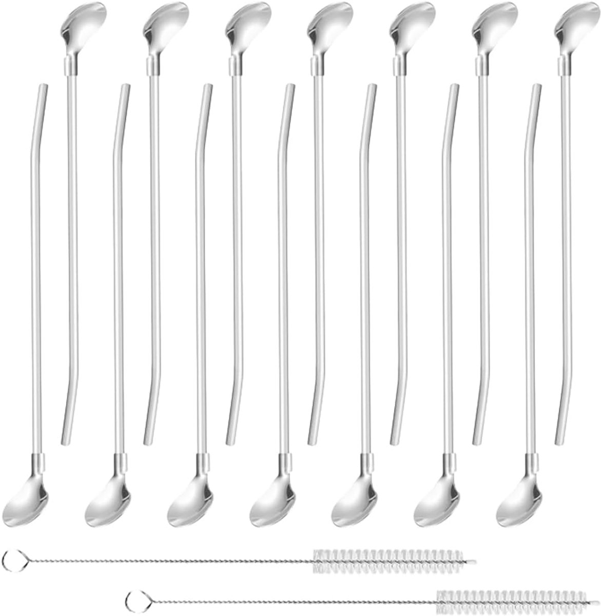 14 Stuks Rietjes met Lepel van Roestvrij Staal, Rietjeslepel, Lepelrietjes | Drinkrietlepel, met 2 Reinigingsborstels, Herbruikbare, voor Smoothies, Milkshakes, Koffie, Cocktails, Macchiato
