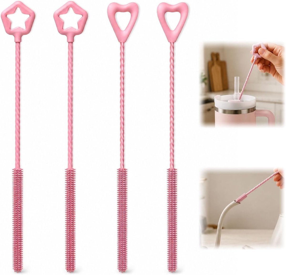 4-delige set, extra lange siliconen reinigingsborstels voor drinkrietjes, Stanley Cup accessoires, glas & metalen rietjes reiniging, roze