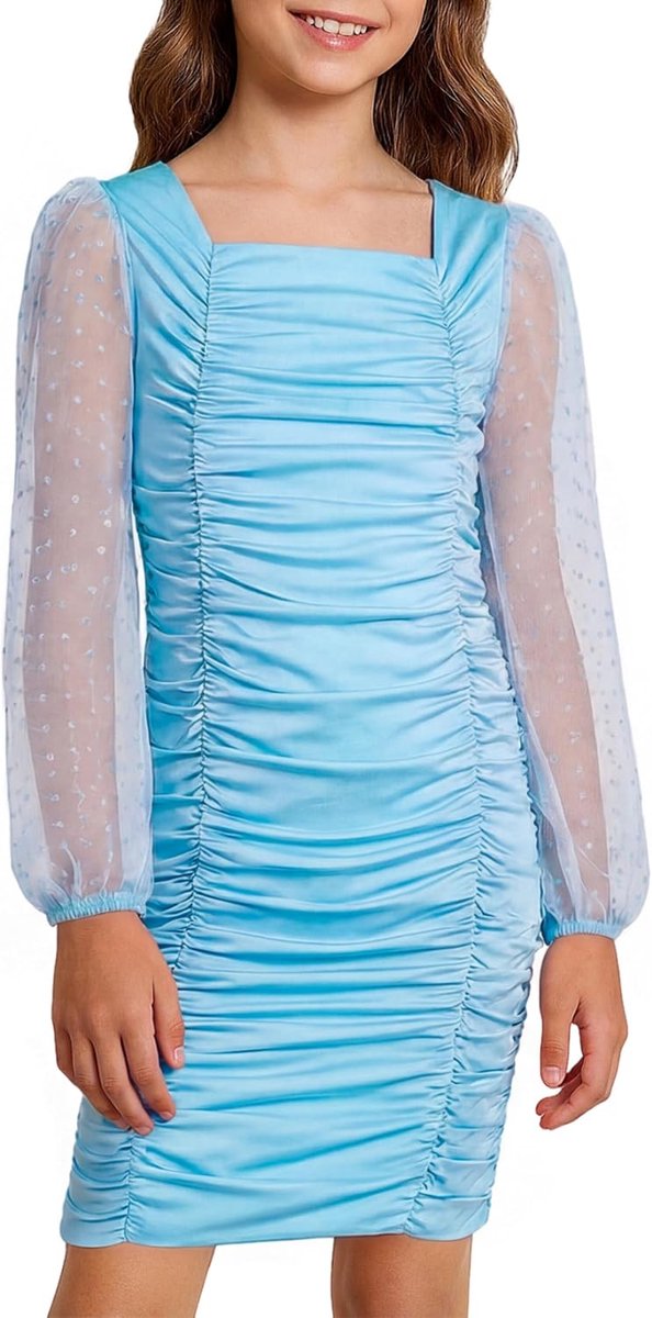 Bodycon jurk voor meisjes, tieners, satijn, lange mouwen, pofmouwen, vierkante kraag, elegante mini-jurk met ruches