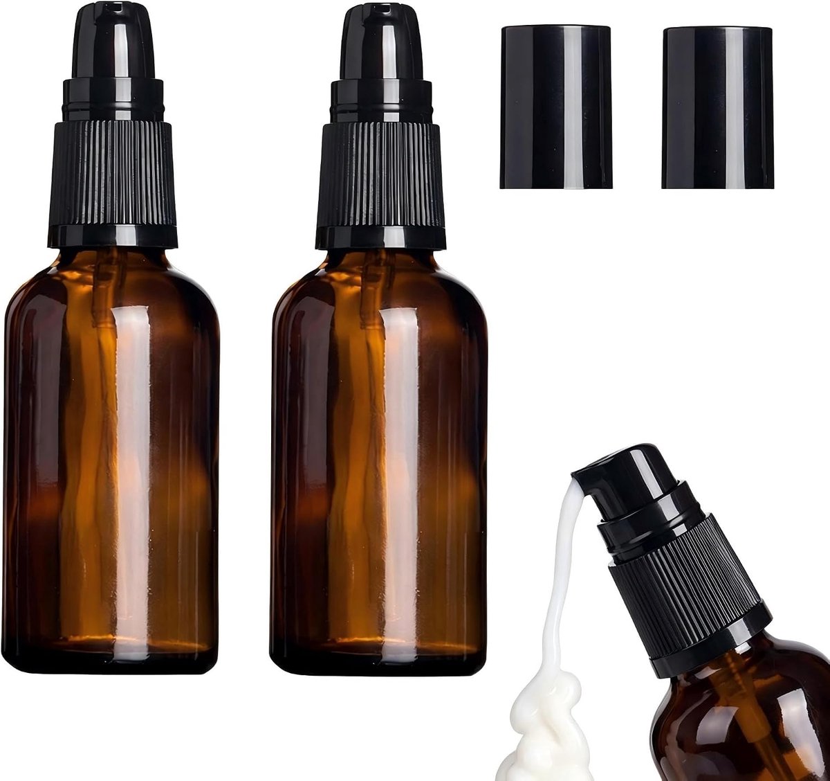 2 Stuks 100ml Amber Glazen Reisflessen met Pomp Lotion Dispenser voor Cosmetica Shampoo Etherische Olie Lekdicht Design voor Reizen Badkamer Dagelijks Gebruik