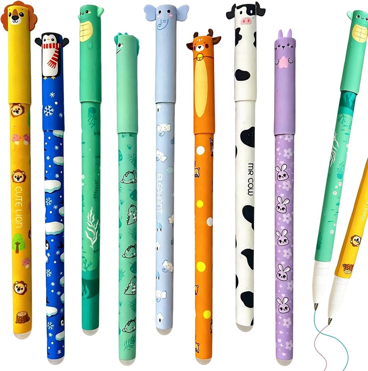 Rollerbalpen, uitwisbare pennen, gelstiften, uitwisbare set, schoolbenodigdheden, schrijfwaren met diermotieven, geschikt voor scholen, notities, dagboeken, kantoren, 8 stuks