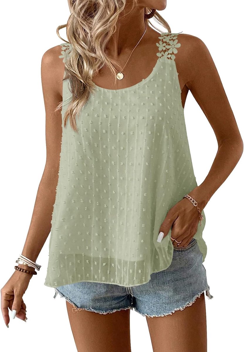 Tank Top Dames Zomer Boho Blouse Mouwloos Tops Vloeiend Elegant Ronde Hals Bloemen Camisole Casual Kant Outfits