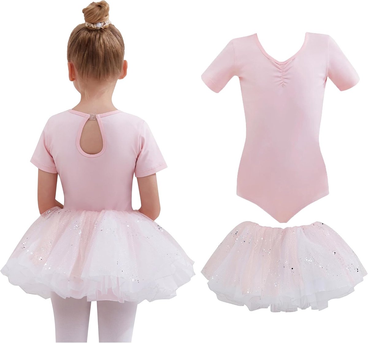 Balletjurk voor meisjes,katoen, balletjurk, dansjurk, danspakje met tutu, rok, korte mouwen, balletpak, balletoutfit, gymnastiek