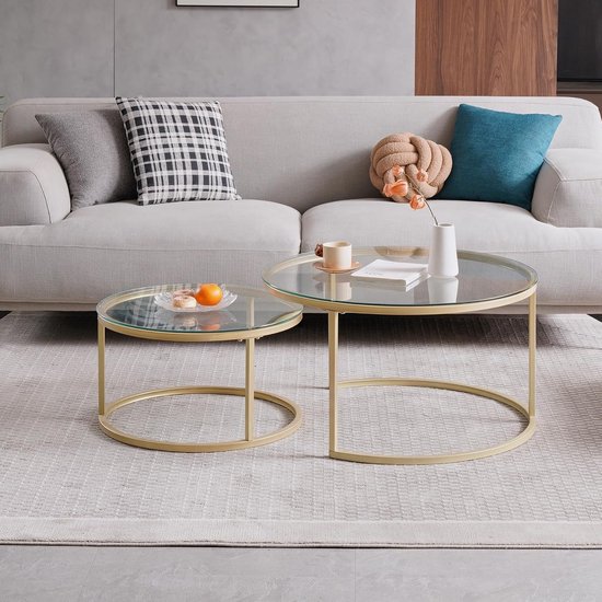 Bijzettafels in de woonkamer, kleine eettafel en bureautafel van gehard glas, groot 80 x 80 x 45 cm, klein 60 x 60 x 35 cm, goud — afbeelding 3