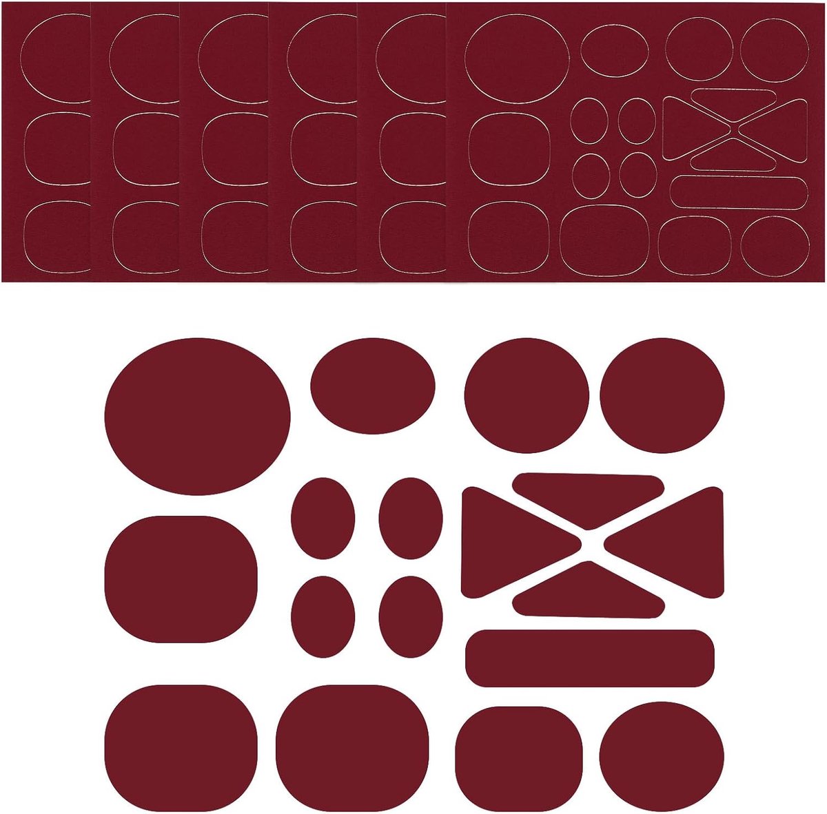 Donsjack patch nylon reparatietape, 6 vellen zelfklevende stofpatches voor reparatie van tenten, slaapzakken, ski-jassen, broeken, wijnrood, 5 vormen