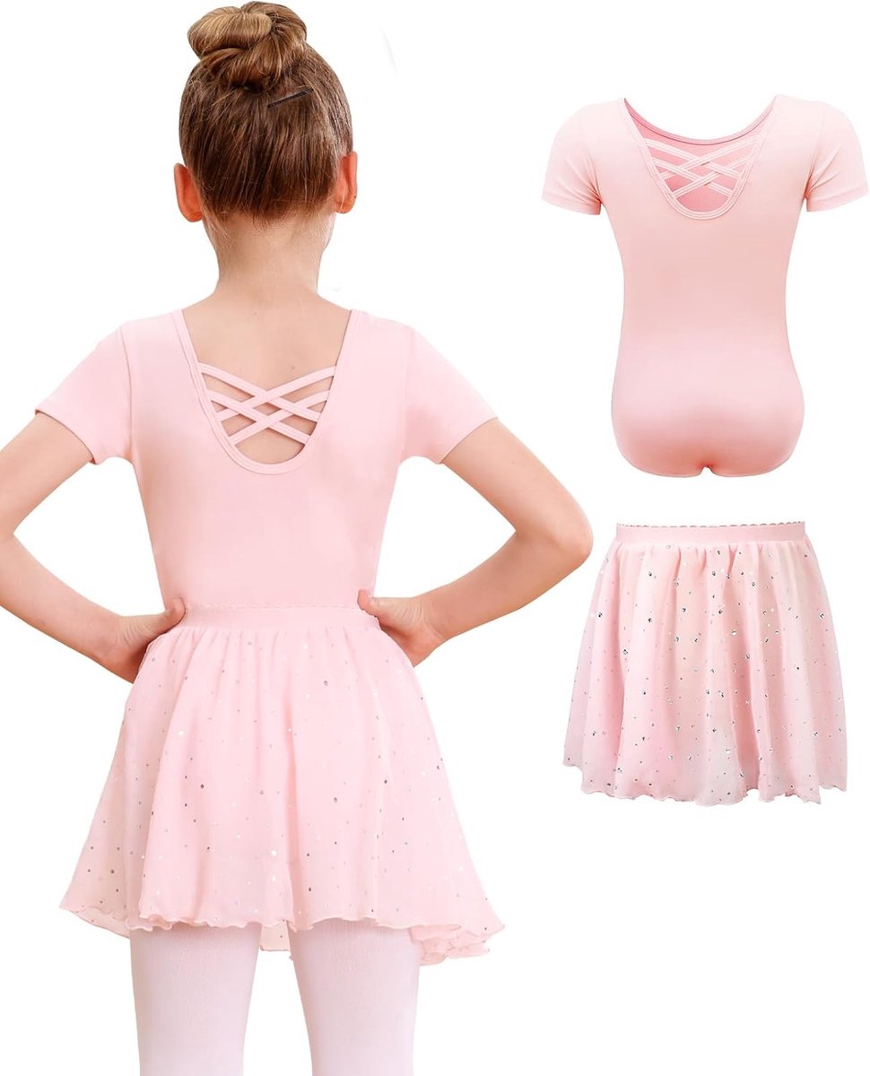 Balletjurk Voor Meisjes Katoen Balletkleding met Korte Mouwen Balletpak met Afneembare Chiffonrok met Pailletten voor 3-11 jaar