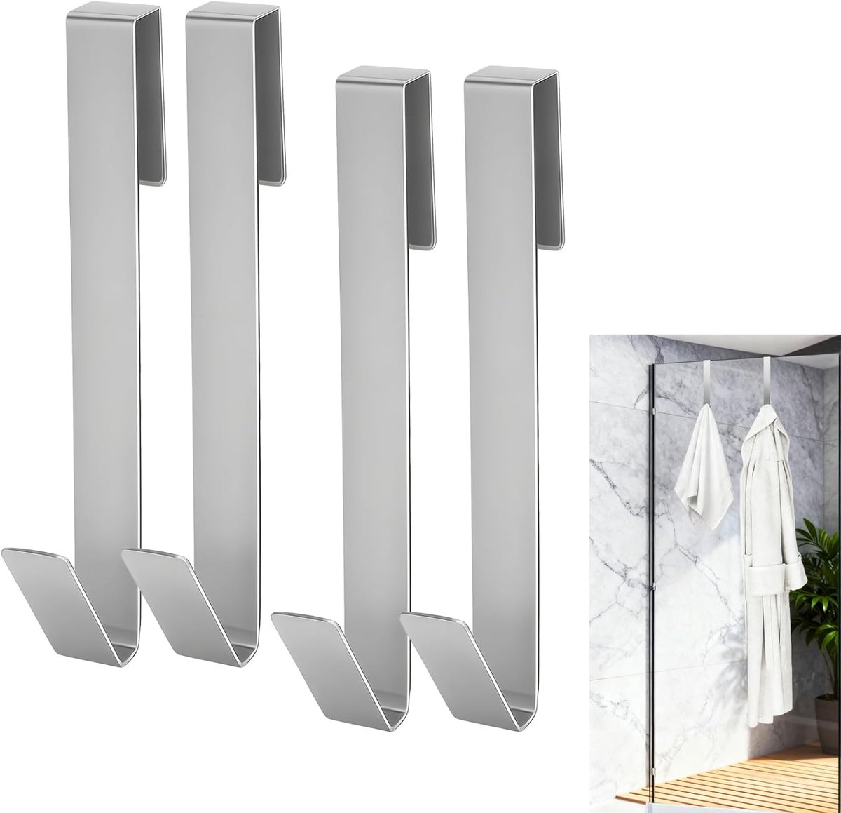 4 stuks, roestvrij staal, handdoekhouder voor glazen wand zonder boren, antislip en krasbestendig, flexibel op te hangen, voor badkamer, douche en keuken (zilver), voor glazen