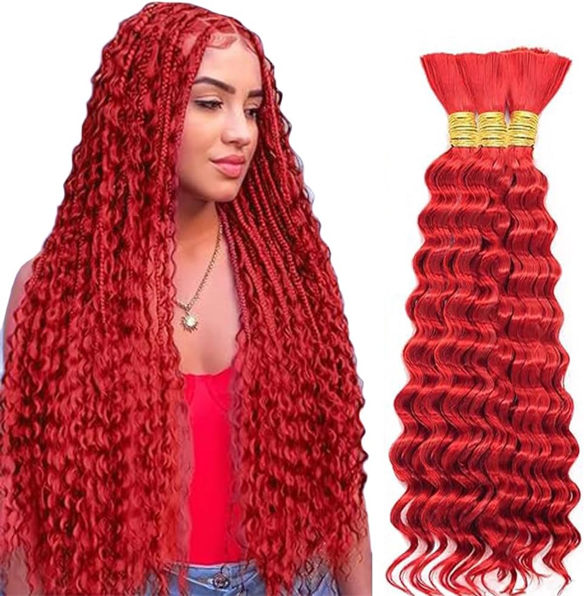 Braiding Hair for Boho Braids Deep Wave Bulk Total 150g 3 Bundles 30 30 30 Inch Human Hair Extension Unprocessed No Weft Red Color for Women Minimal Smell