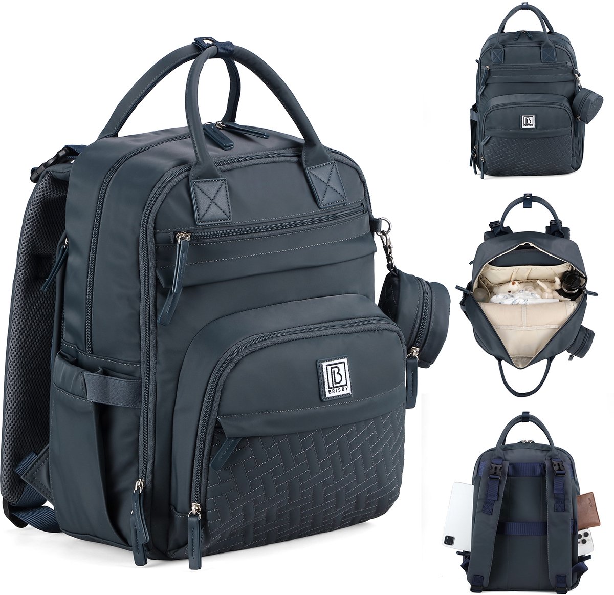 Brisby Premium Luiertas – Uitgebreide en Functionele Verzorgingstas – met Buggymontage – Anti Diefstal Vakken - Reistrolley Sleeve - Levenslange Garantie - Urban Blue