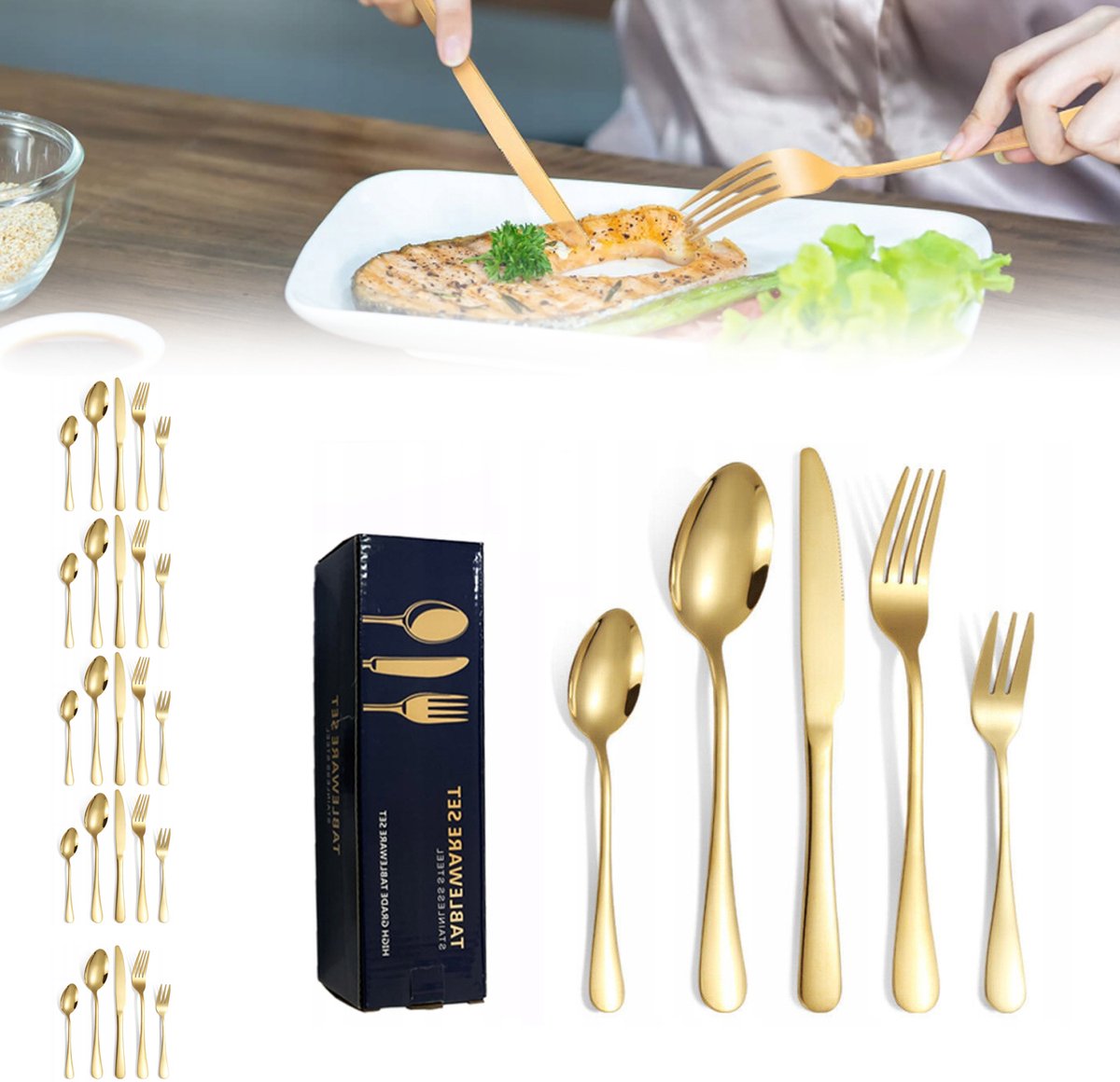 30-delig Bestekset RVS voor 6 personen - Luxe Gouden Afwerking
