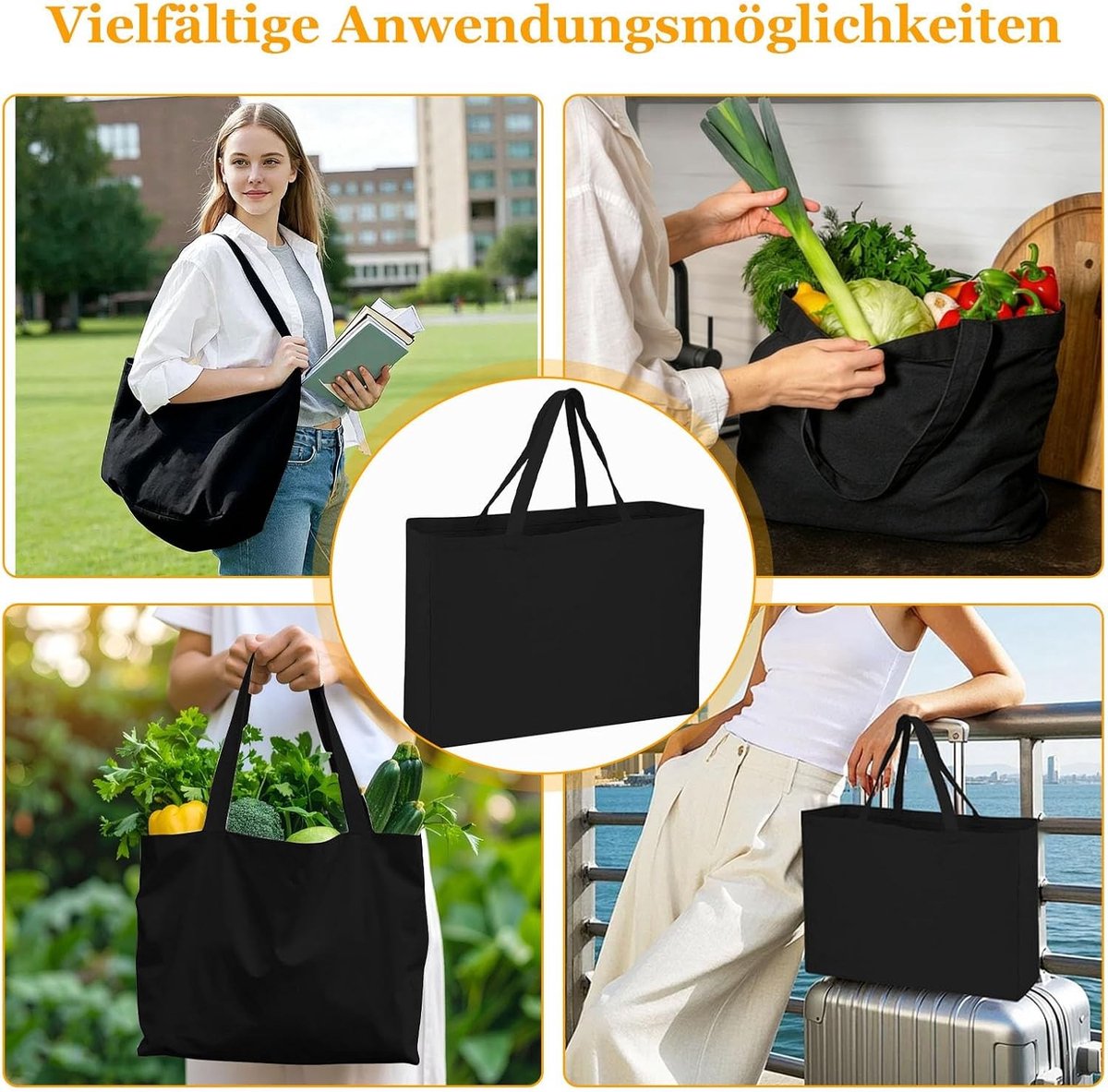 Katoenen Boodschappentas - Zwart - 45 x 35 x 8 cm - Herbruikbare Draagtas voor Schilderprojecten - Voor Winkelen en Opslag