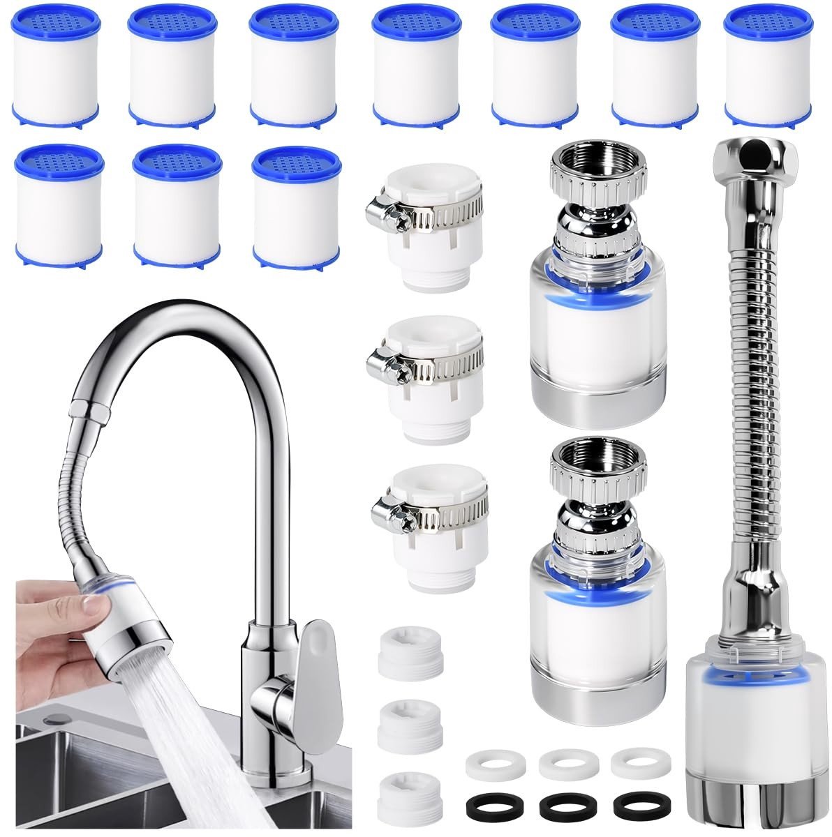 Kraanfilter Set - Zwart - 1 lange en 2 korte douches - Met 10 vervangbare filterelementen - Voor Keuken en Badkamer