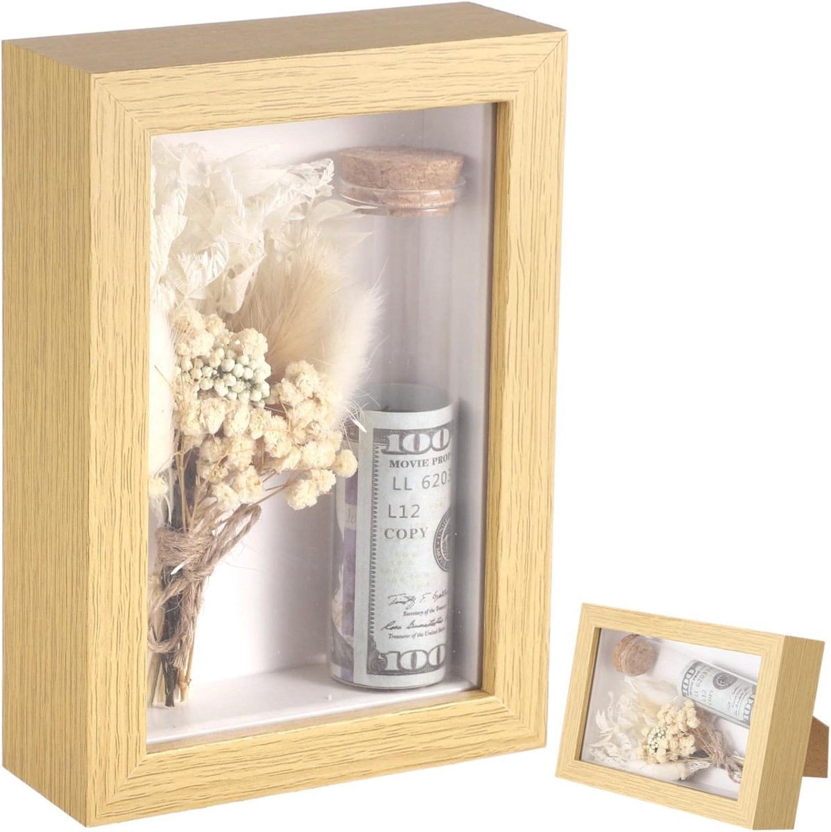 Geldgeschenk houten frame met gedroogde bloemen reageerbuis verjaardag housewarming - Creatieve geldhouder in plaats van envelop - decoratieve opslag geschikt voor alle verjaardagen en feesten