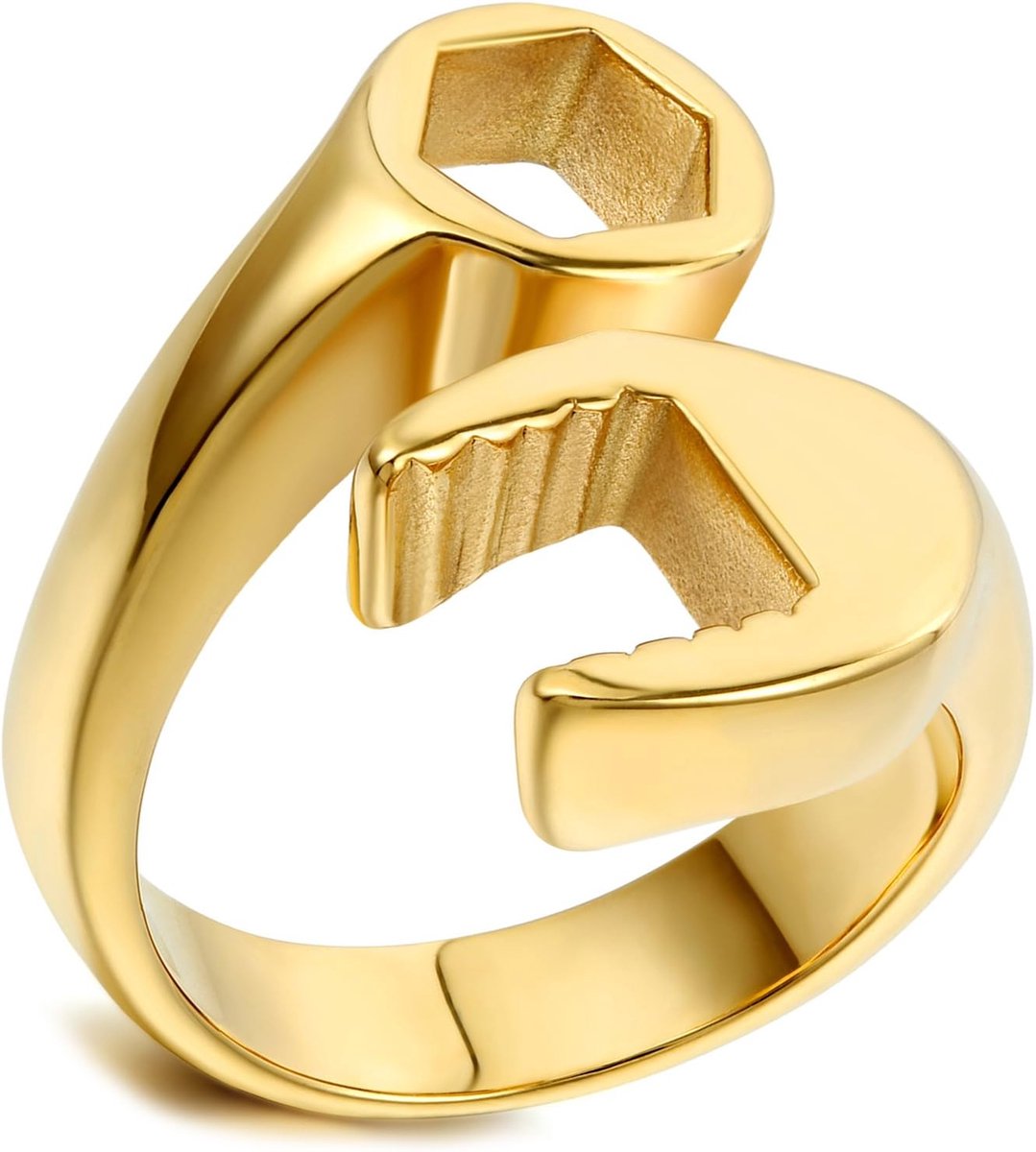 Herenring, zegelring, bandring, duimring, roestvrij stalen ring, monteur, moersleutel, zilver, goud, zwart, biker, motorrijder, herenaccessoires