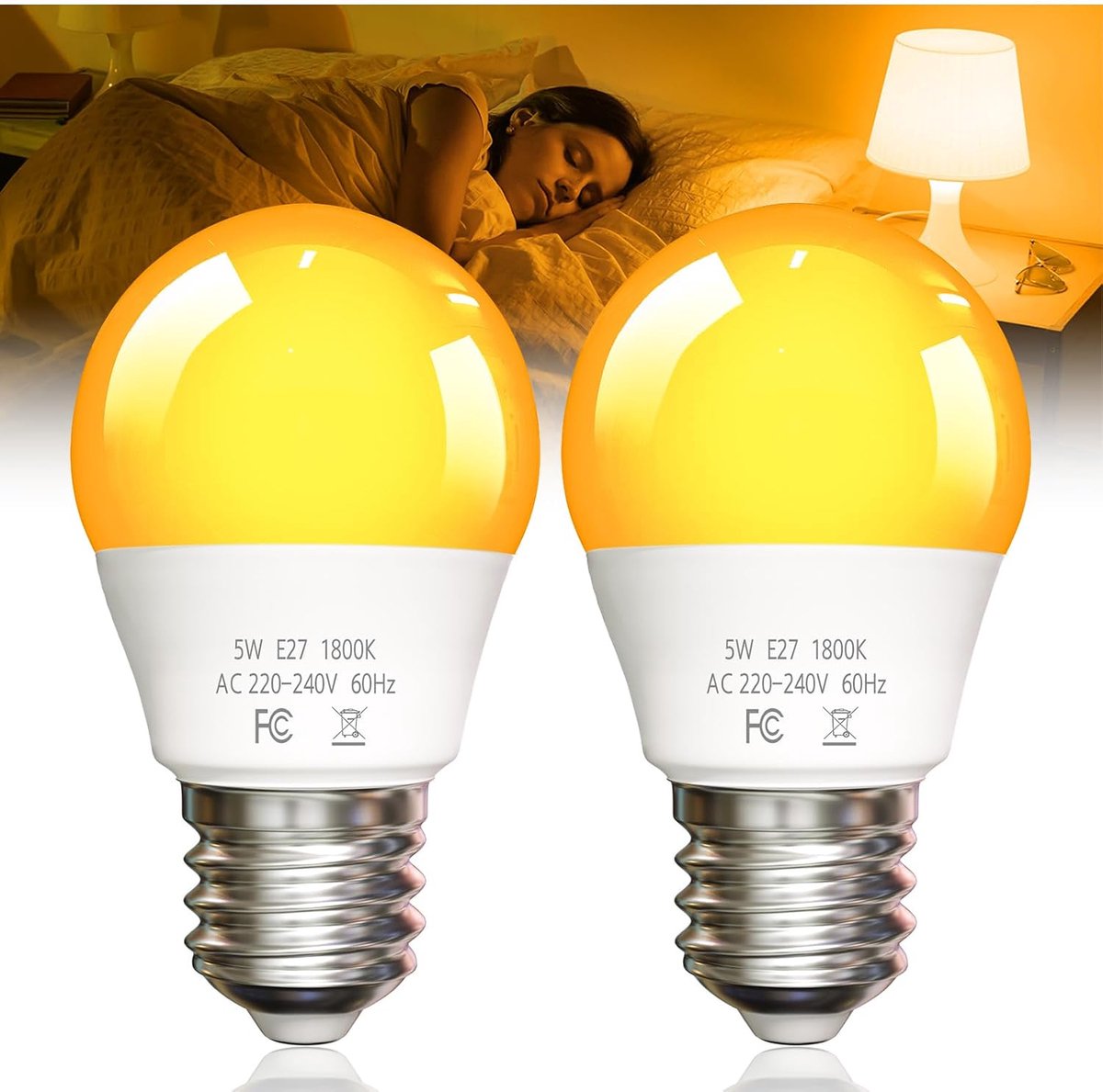 Amber Slaaplampen 5W, Zacht Warm Licht 1800K 40W Equivalent, Dimbare LED E27 Blauwlichtblokkerende Zachtgele Lamp voor Slaapkamer, Babykamer, Lezen, 2 Stuks