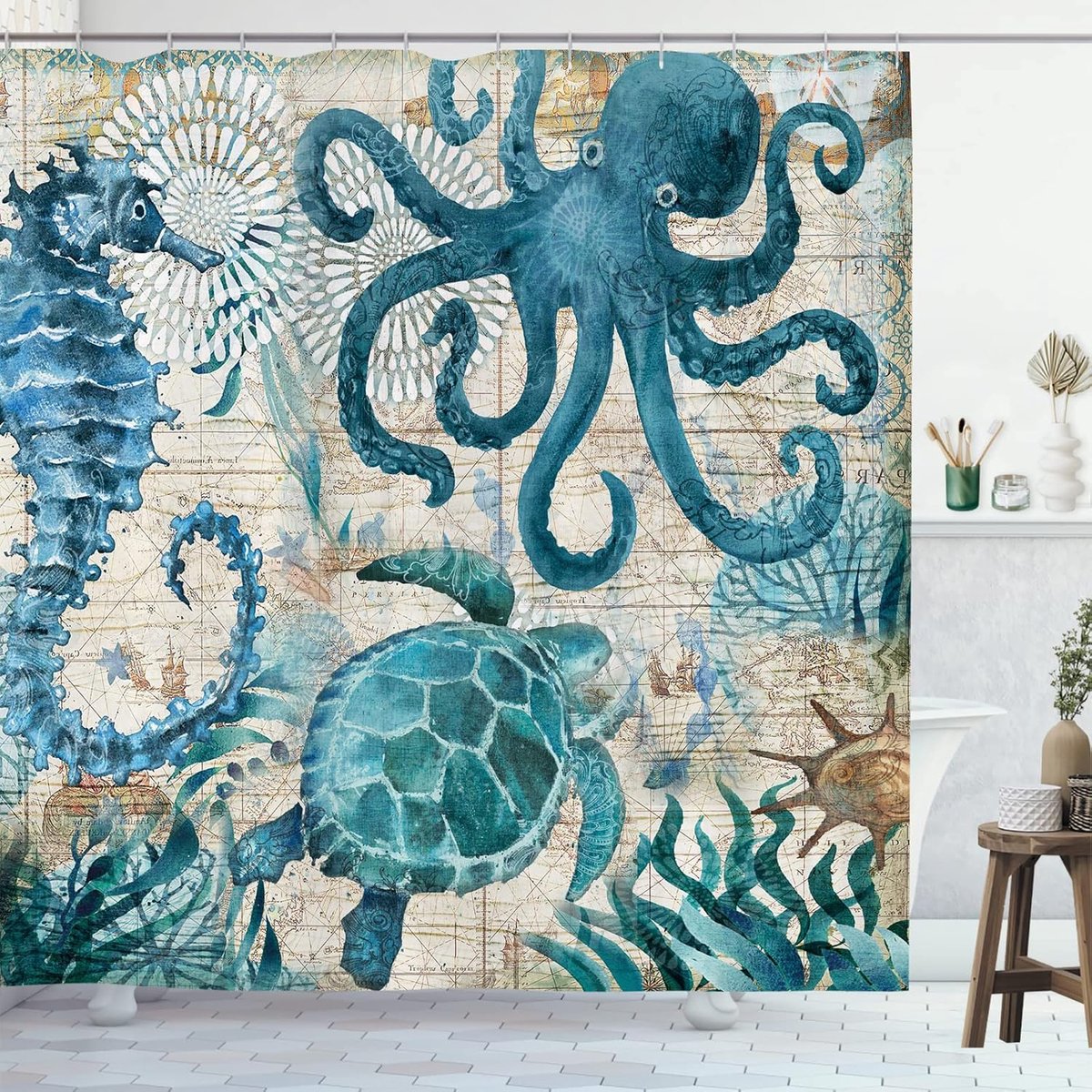 Nautisch biologisch thema douchegordijn blauw oceaan zeeschildpadden octopus zeepaardje strand koraalrif vintage nautische kaart gordijn stof badkamer met haken wasbaar, groenblauw, 182 x 183