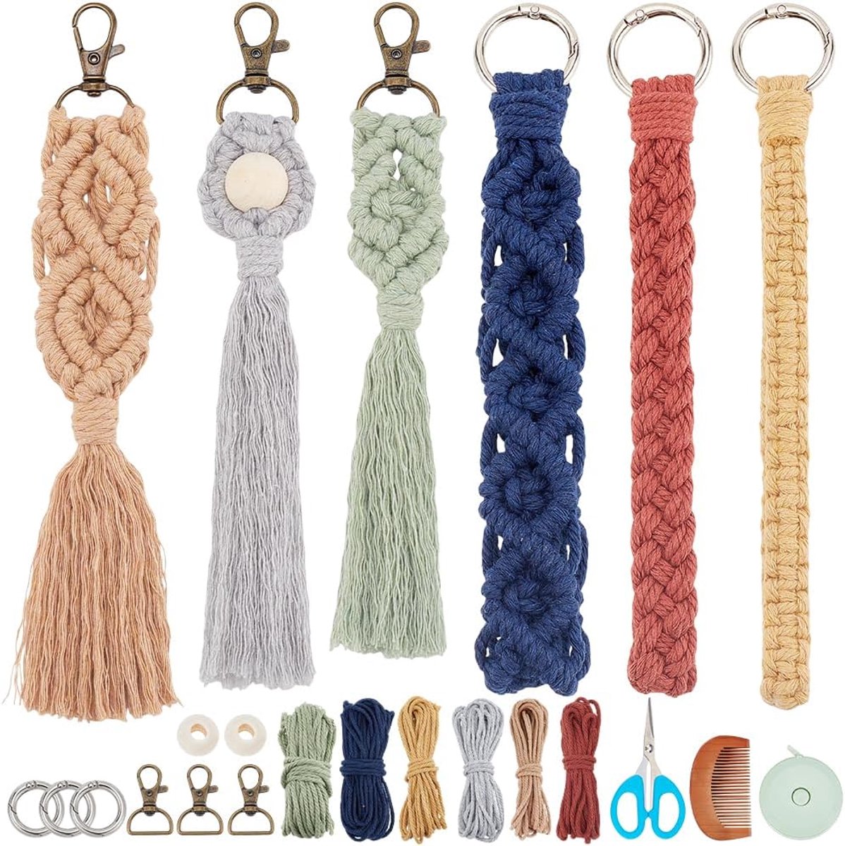 6 Set DIY Macrame Boho Sleutelhanger Kits Katoen Macrame Sleutelhanger Kit voor Vrouwen Charm Gift Handgemaakte Esthetische Kwastje Macrame Sleutelhanger voor Riem Telefoon Tassen Macrame