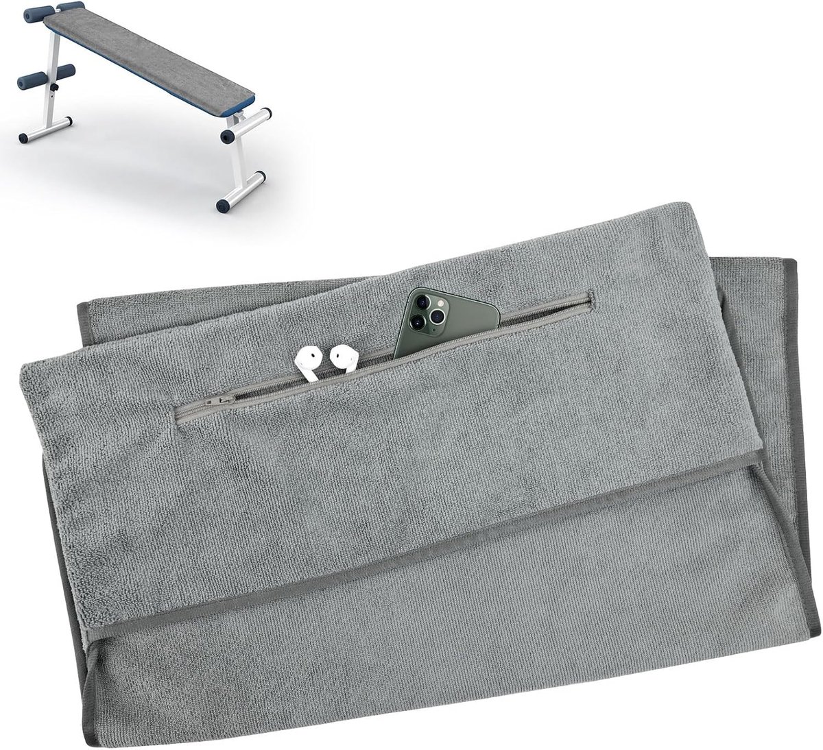 Fitnesshanddoek, sporthanddoek, fitnessstudio, snel en absorberend, 120 x 50 cm, met ritszak, ideaal voor sport, strand, wandelen