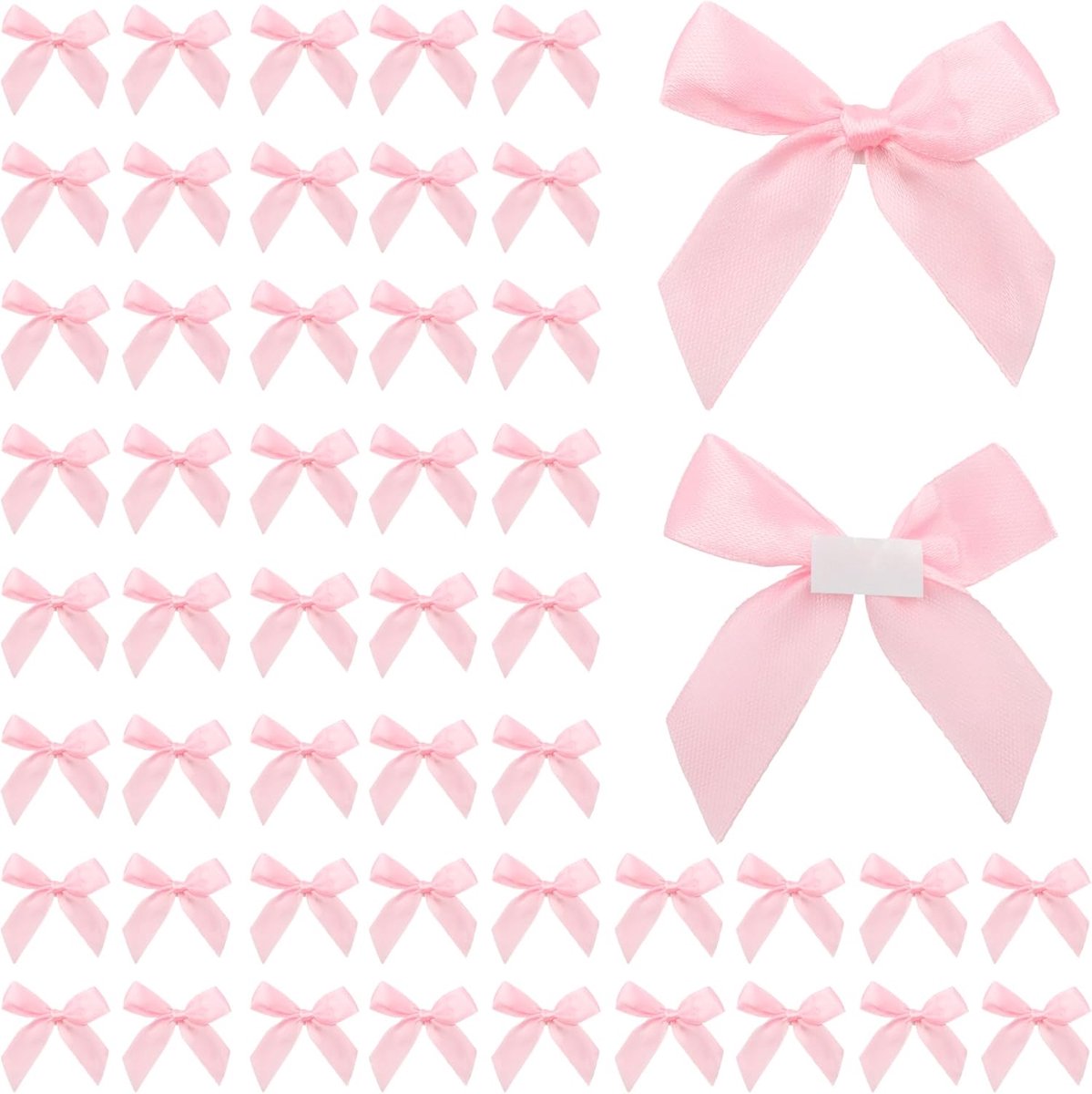 50 stuks mini-strikjes voor knutselen, 5 cm satijnen lint geschenkstrikken voor geschenkverpakkingen, zelfklevende satijnen strik, vooraf gemaakte roze feestartikelen voor doe-het-zelf traktatiezakjes