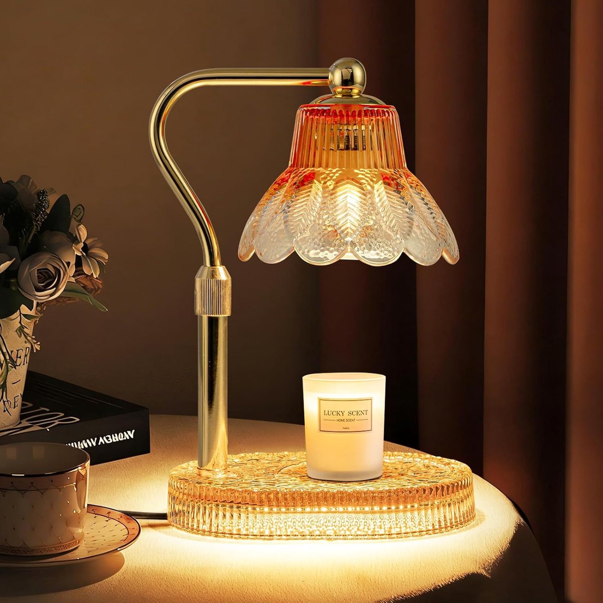 Kaarsenwarmer met Bloemenpatroon in Hoogte Verstelbaar Dimbaar met G9-lamp Geurlamp met Timer (2/4/8 uur) Vlamloos en Rookvrij voor in Huis Slaapkamer als Slaaphulp Woonkamer