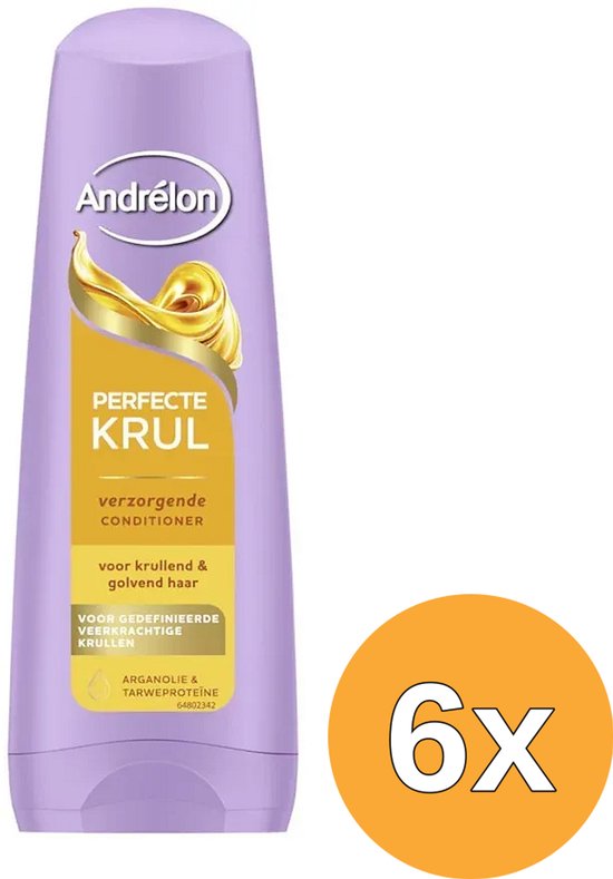 Andrélon Perfecte Krul conditioner in lichtpaarse fles, 6x. Voor krullend & golvend haar met arganolie & tarweproteïne.
