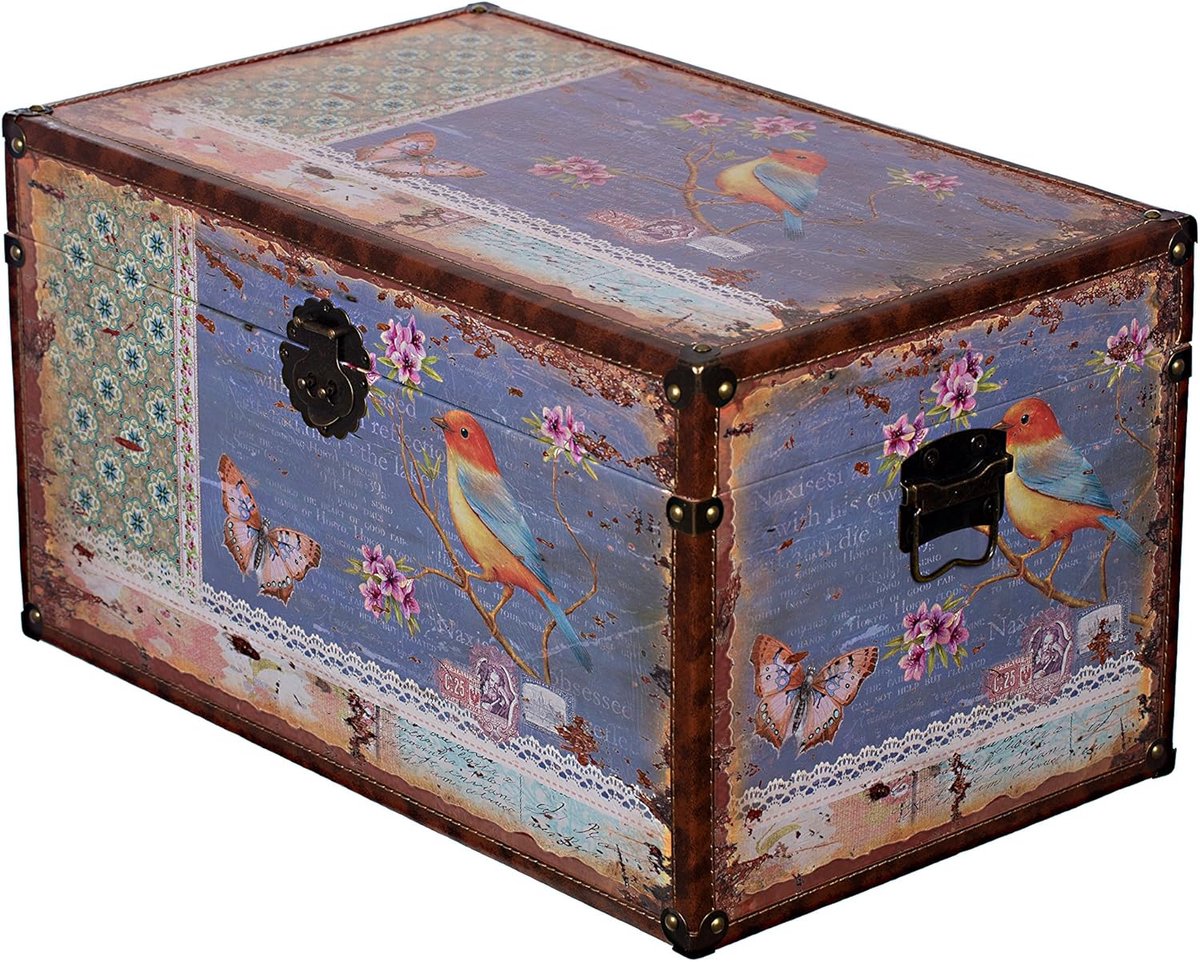 1515 Decoratieve kist met vogel, houten kist met leer bekleed in vintage look, schatkist, kist, piratenkist, kleine meubels, met metalen beslag, koloniale kist, koloniale stijl, houten box,