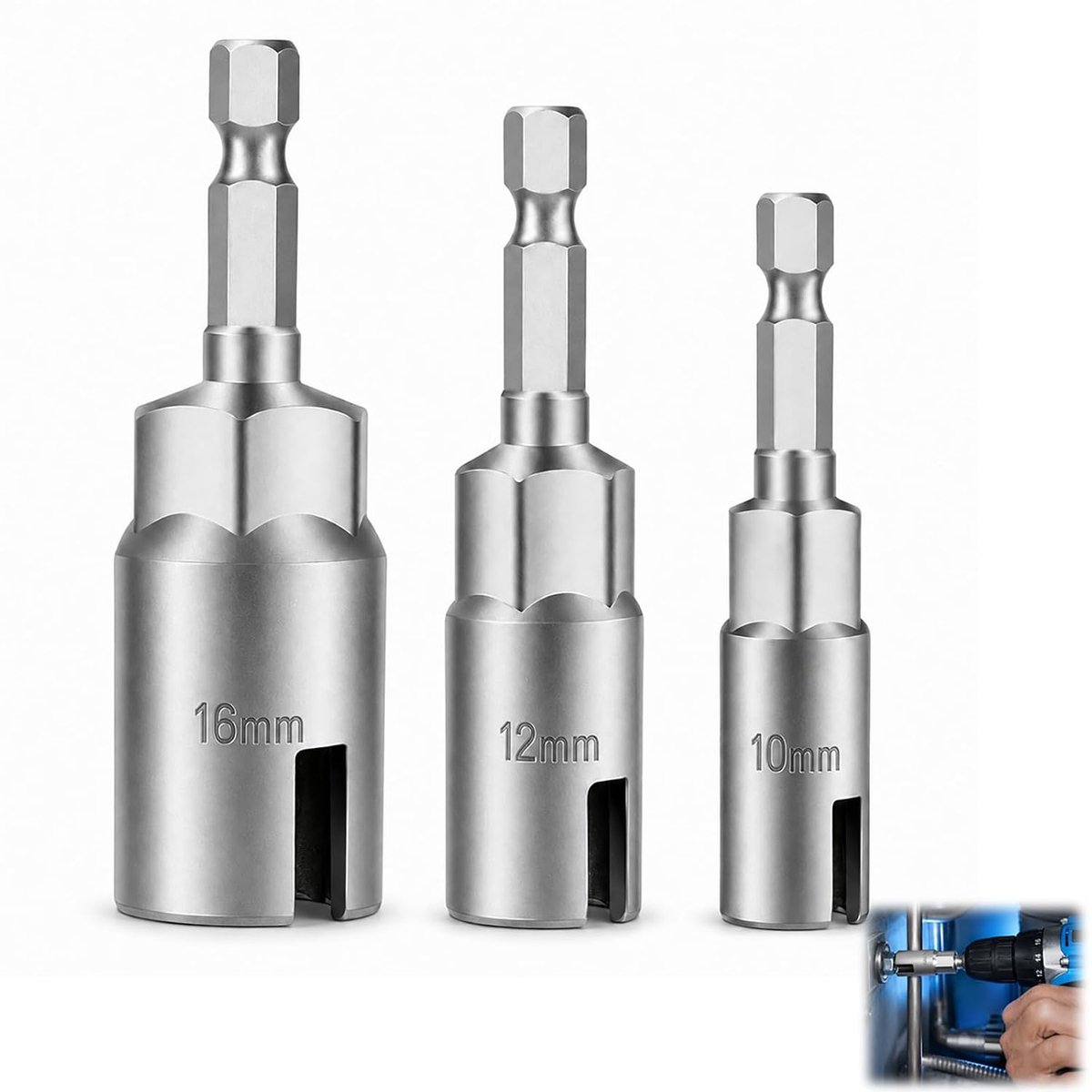 3 stuks vlindermoerdraaier, oormoerschroevendraaier, zeskantschacht, 1/4 inch, maten 10 mm, 12 mm, 16 mm, snelspangereedschap voor vleugelmoeren, haken, oogschroeven