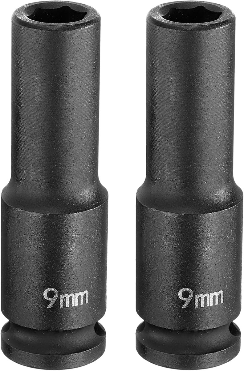 2 diepe slagschroevendraaiers, 3/8 inch, vierkant, 9 mm, metrisch, 6 punten, 65 mm lengte, Cr-Mo staal van industriële kwaliteit, zwart