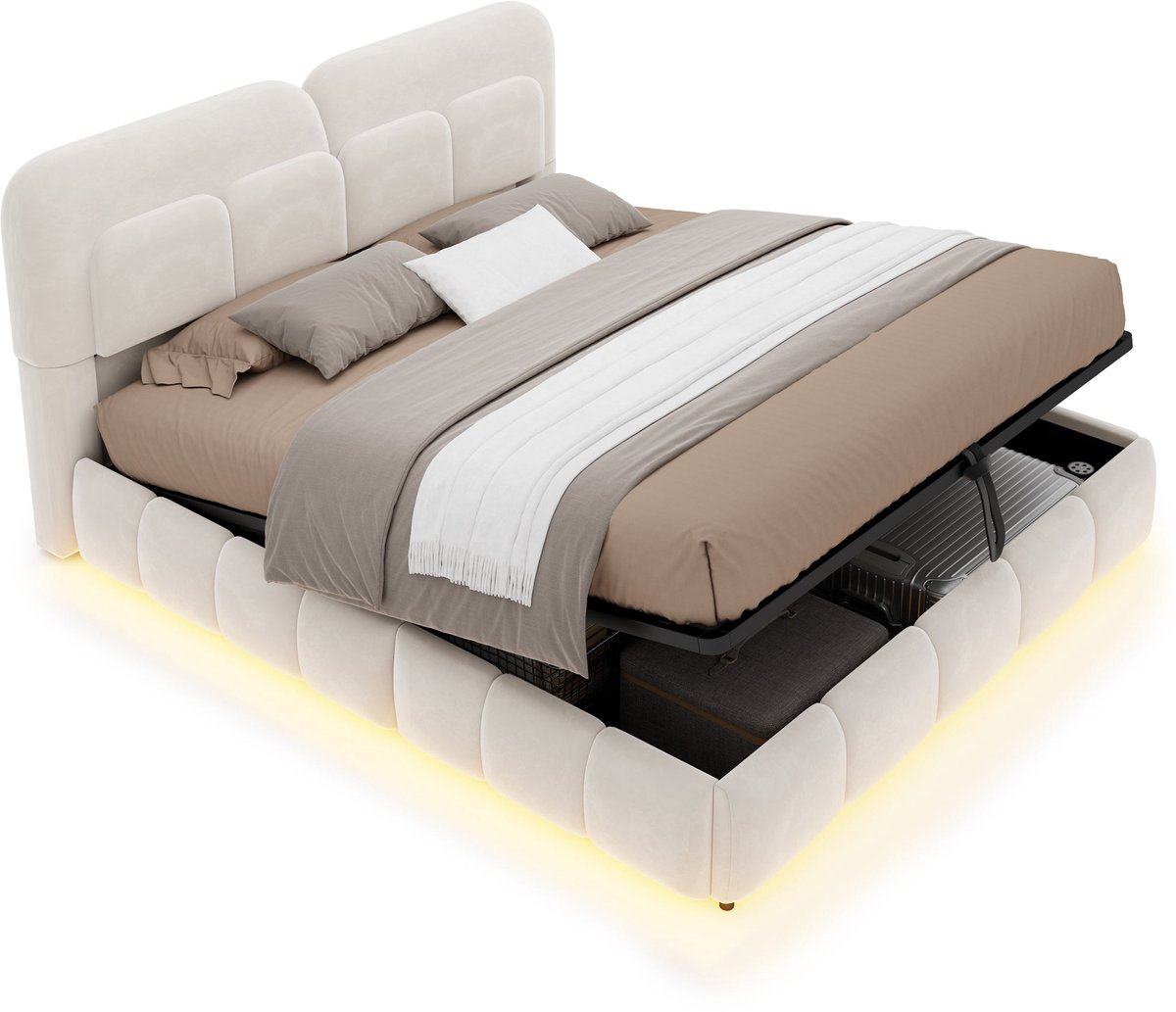 Merax Gestoffeerd Bed 140 x 200 cm - Bed Met Opbergruimte - Fluweel - Hydraulisch Hefmechanisme - LED Verlichting - Metalen Lattenbodem - Beige